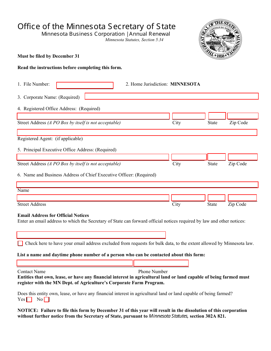 Minnesota Business Corporation Annual Renewal Form - Minnesota, Page 1