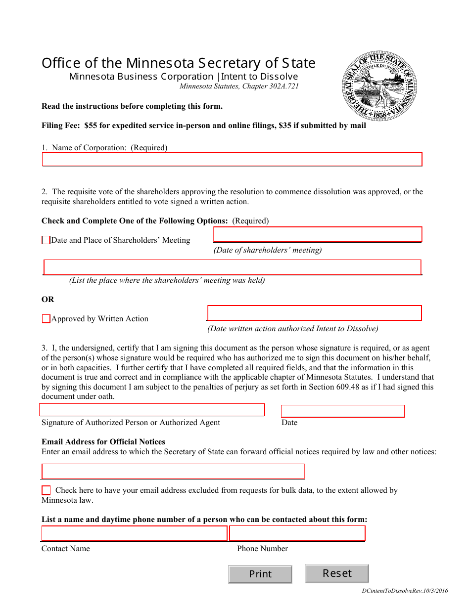 Minnesota Business Corporation Intent to Dissolve Form - Minnesota, Page 1
