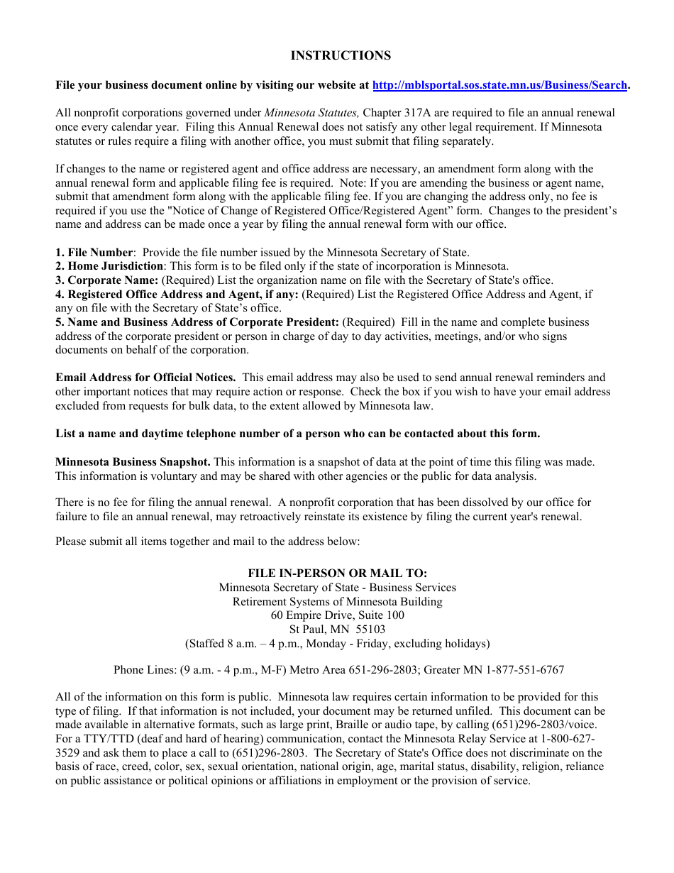 Minnesota Nonprofit Corporation Annual Renewal - Minnesota, Page 3