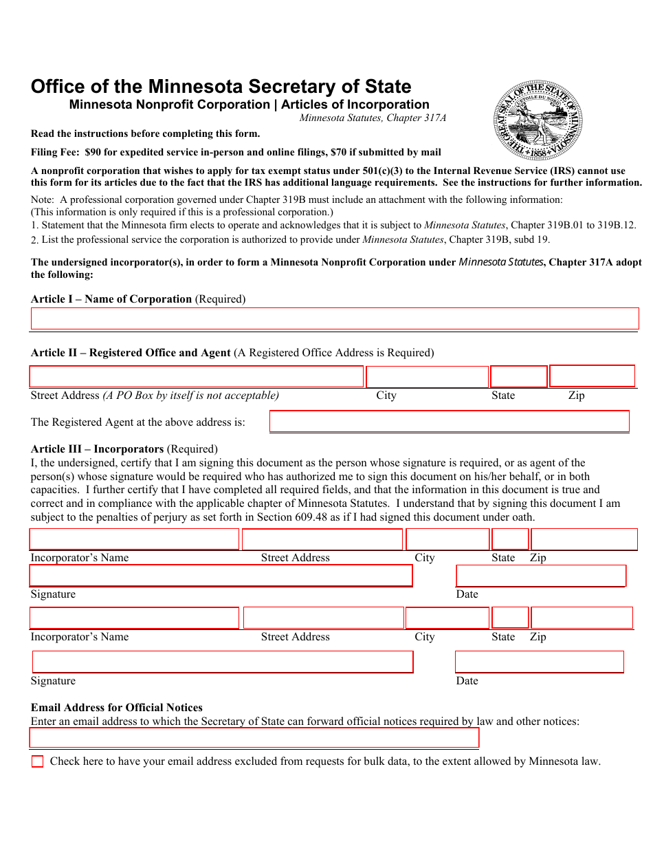 Minnesota Minnesota Nonprofit Corporation Articles of Incorporation