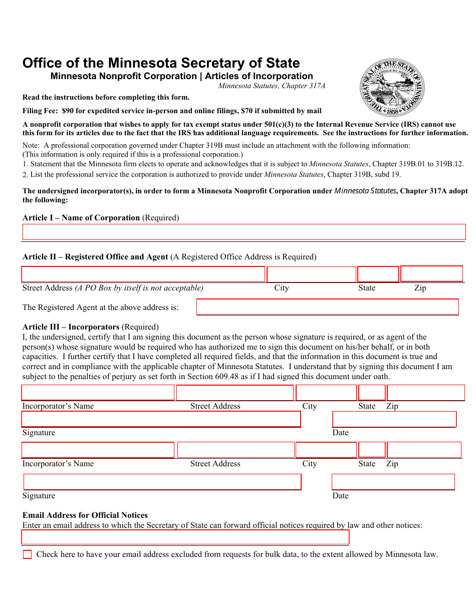 Minnesota Nonprofit Corporation Articles of Incorporation - Minnesota, Page 1
