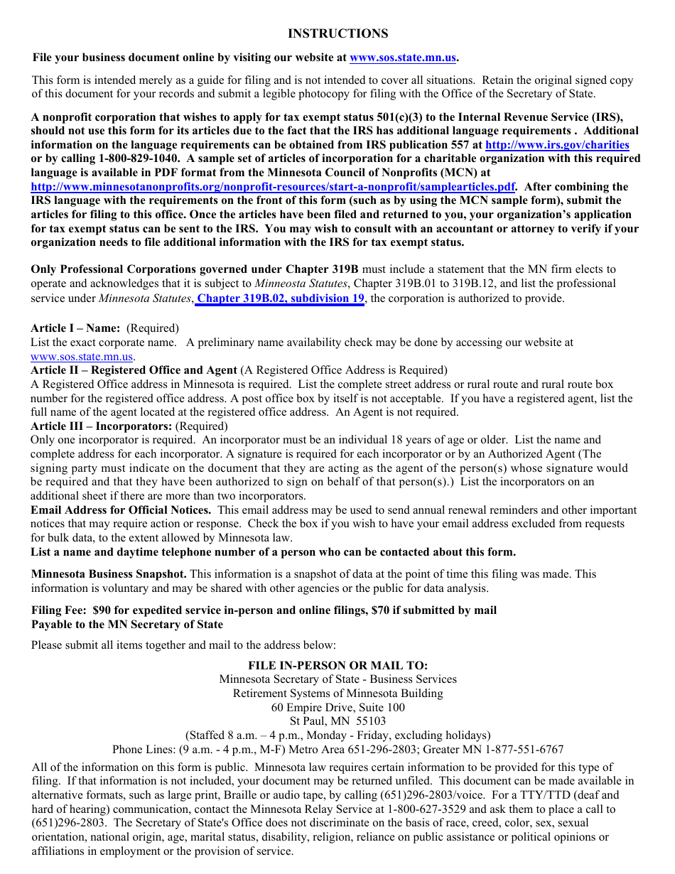 Minnesota Nonprofit Corporation Articles of Incorporation - Minnesota, Page 4
