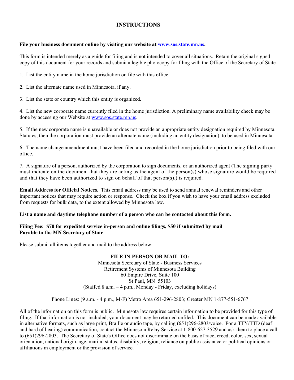 Foreign Corporation or Cooperative Name Change Form - Minnesota, Page 3