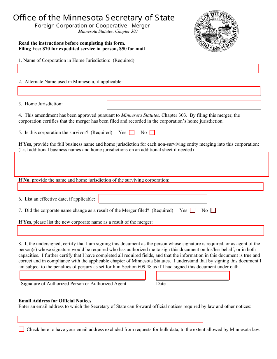 Foreign Corporation or Cooperative Merger Form - Minnesota, Page 1