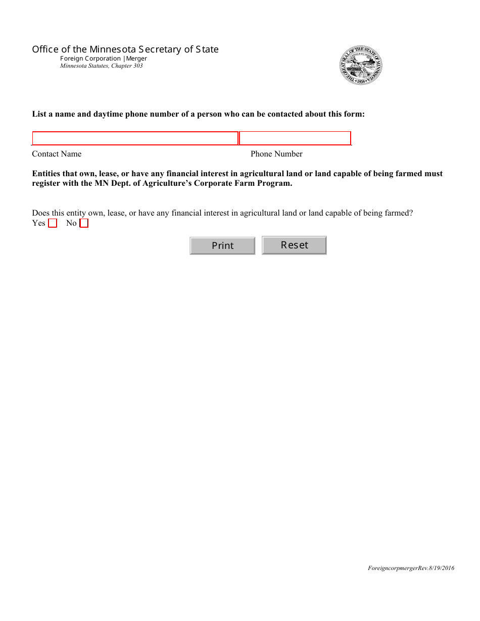Foreign Corporation or Cooperative Merger Form - Minnesota, Page 2