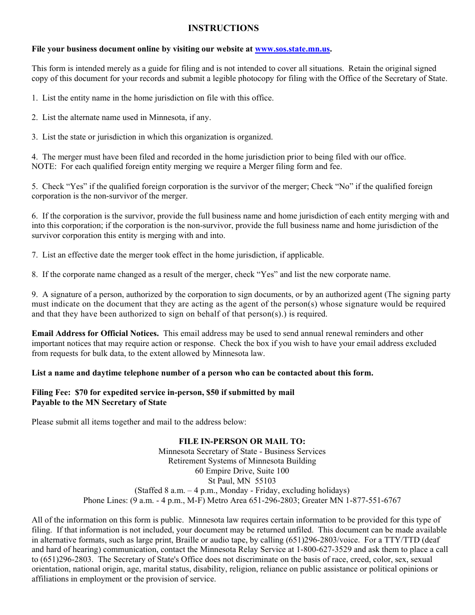 Foreign Corporation or Cooperative Merger Form - Minnesota, Page 3