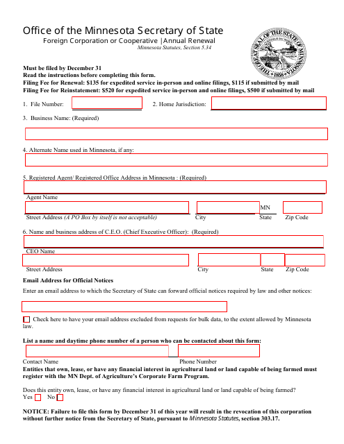 Foreign Business Corporation Annual Renewal Form - Minnesota Download Pdf