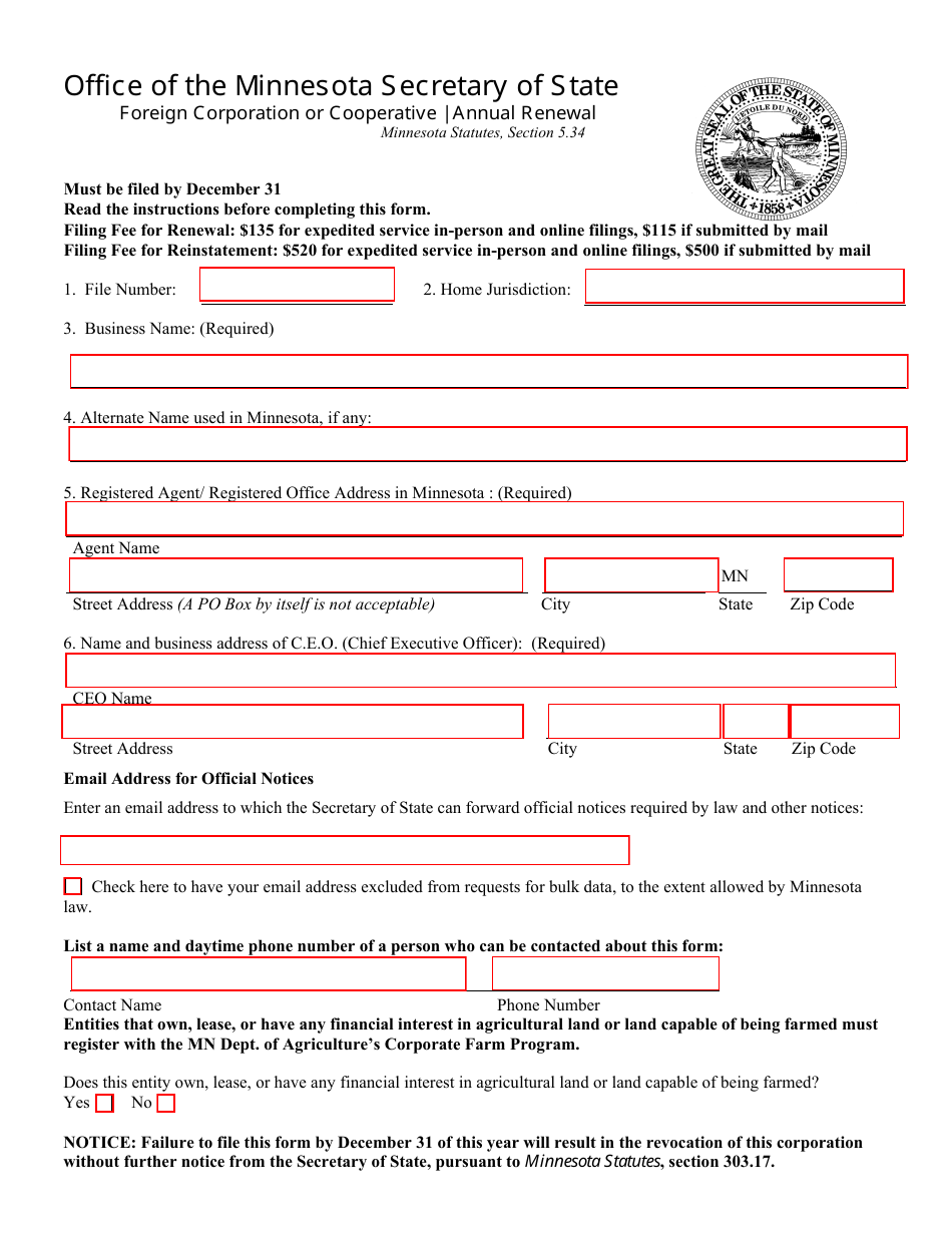Foreign Business Corporation Annual Renewal Form - Minnesota, Page 1