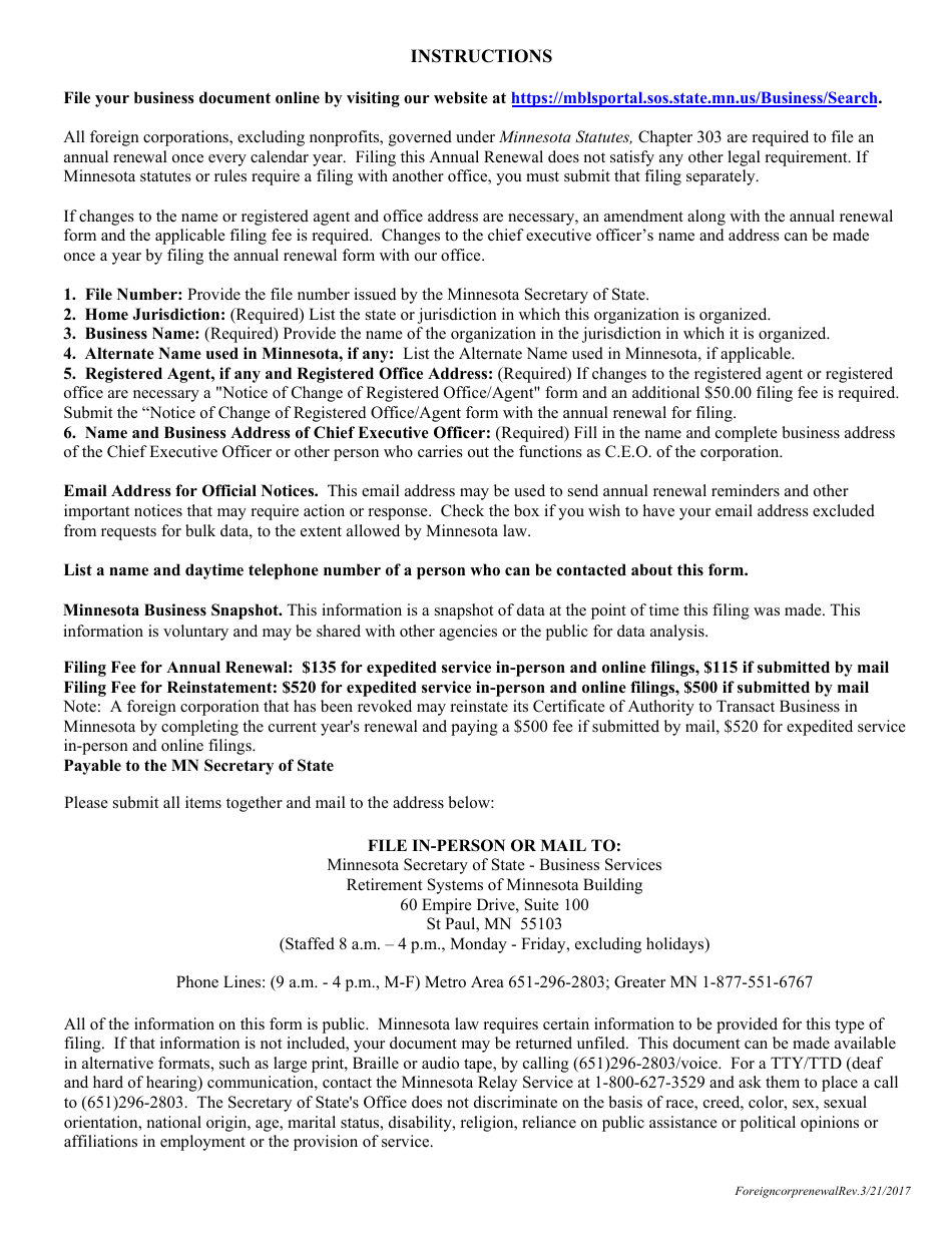 Foreign Business Corporation Annual Renewal Form - Minnesota, Page 3