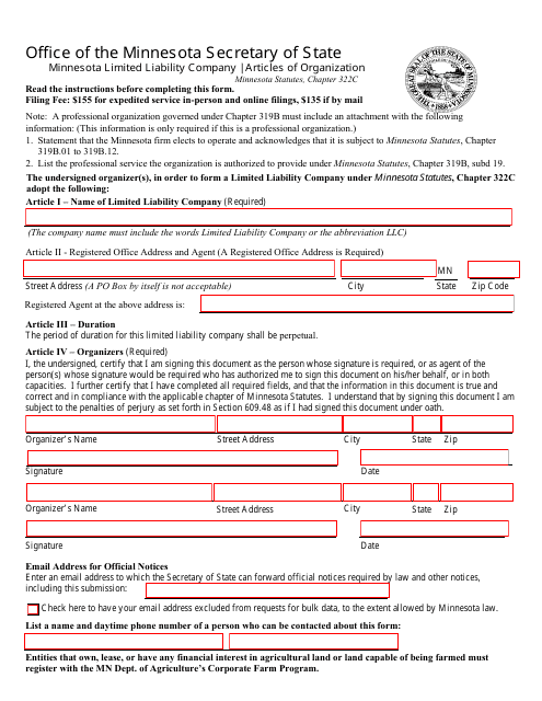 Minnesota Limited Liability Company Articles of Organization Form - Minnesota