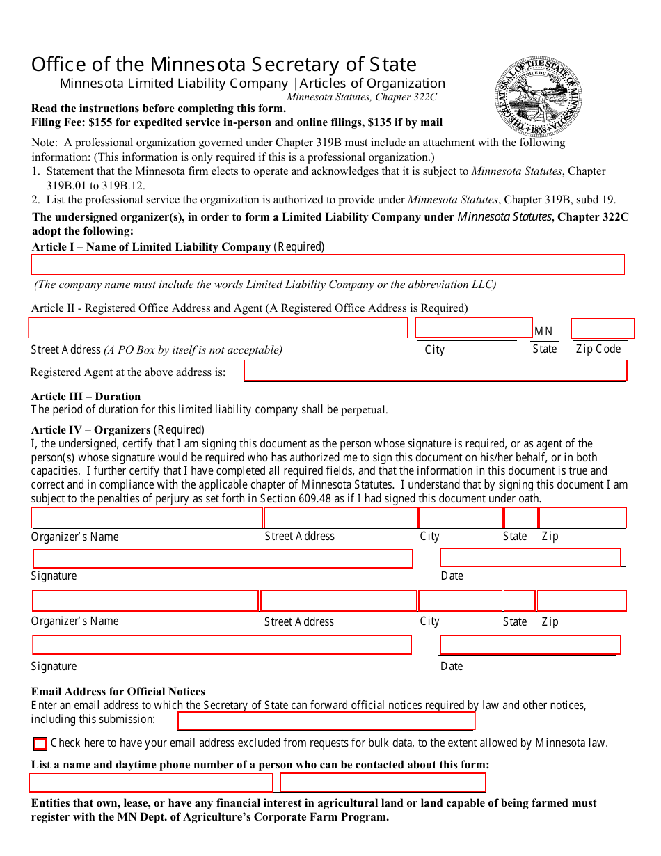 Minnesota Limited Liability Company Articles of Organization Form - Minnesota, Page 1