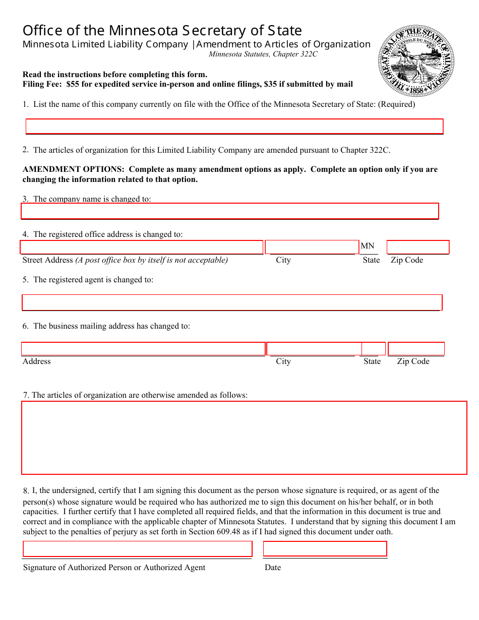 Minnesota Limited Liability Company Amendment to Articles of Organization Form - Minnesota, Page 1