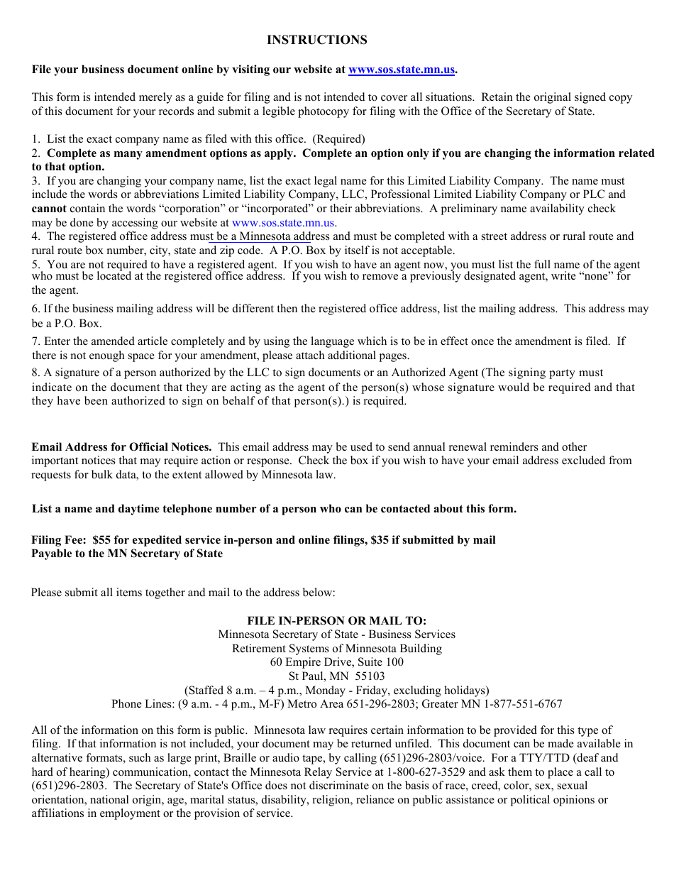 Minnesota Limited Liability Company Amendment to Articles of Organization Form - Minnesota, Page 3