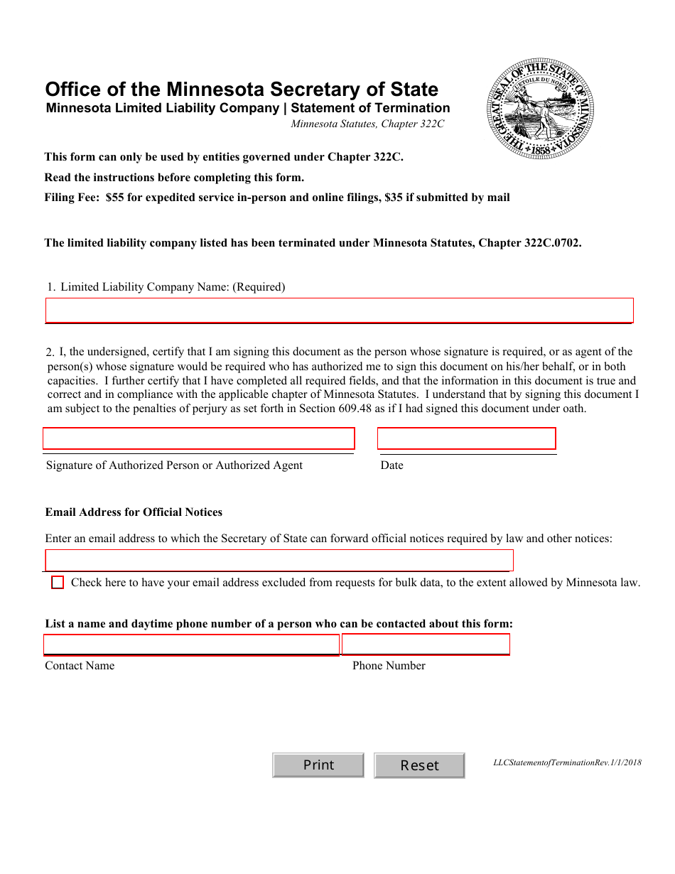 Minnesota Limited Liability Company Statement of Termination Form - Minnesota, Page 1