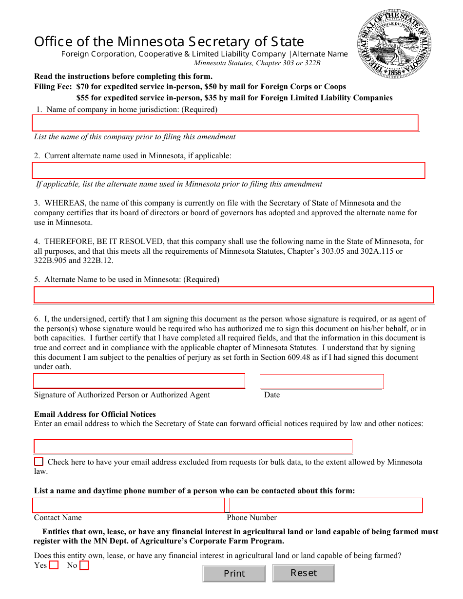 Minnesota Foreign Corporation Cooperative Limited Liability Company Minnesota Foreign Corporation Cooperative Limited Liability Company