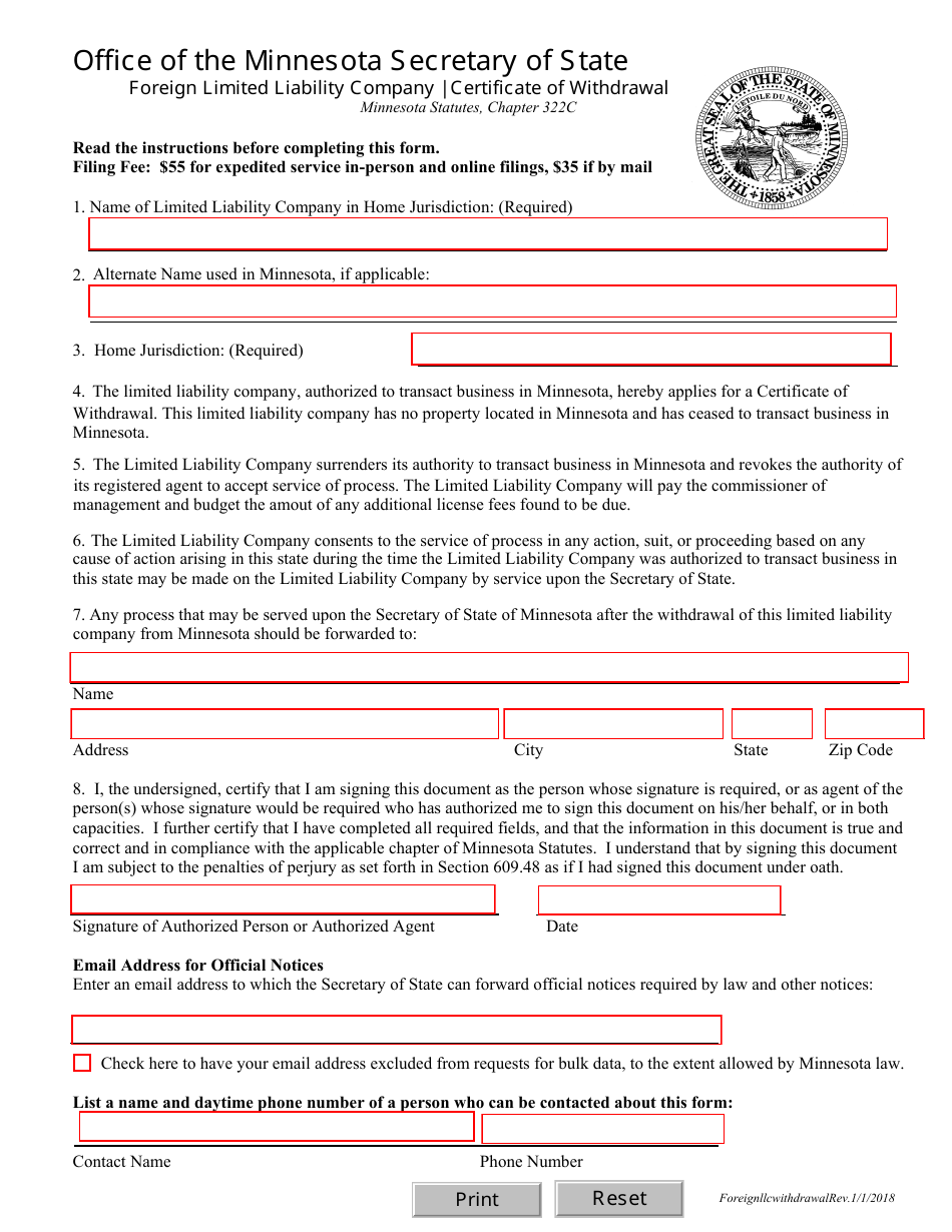 Foreign Limited Liability Company Certificate of Withdrawal - Minnesota, Page 1