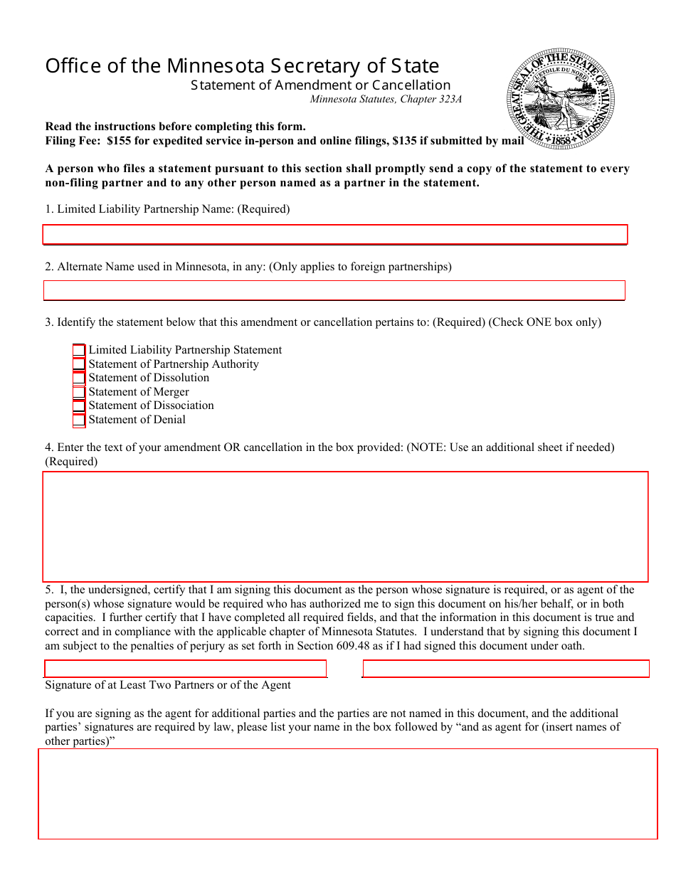 Minnesota Statement of Amendment or Cancellation Fill Out, Sign