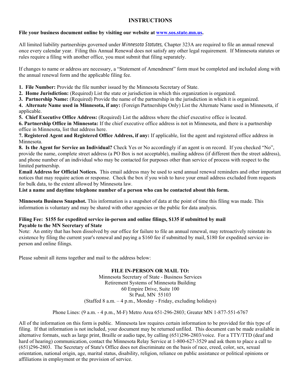 Limited Liability Partnership Annual Renewal Form - Minnesota, Page 4