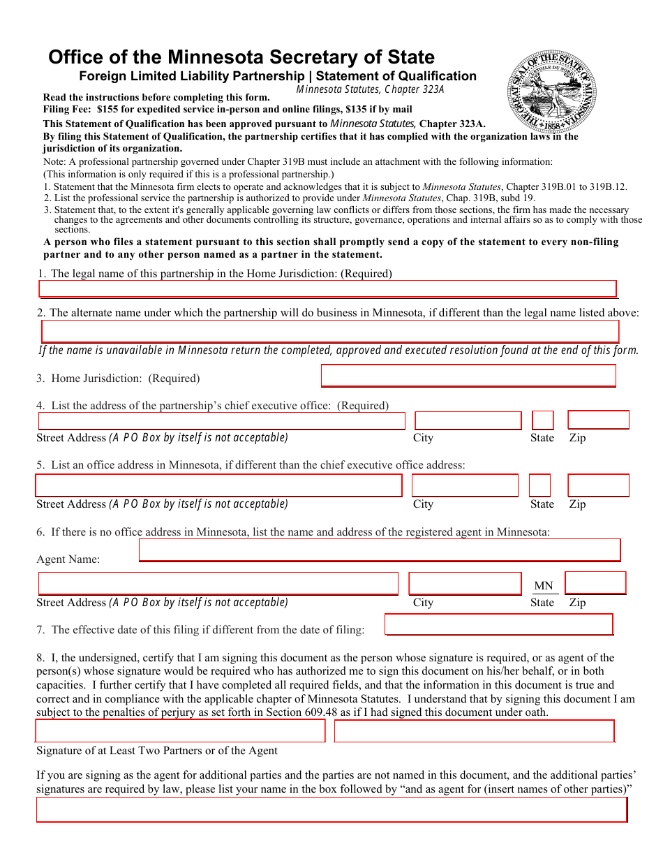 Foreign Limited Liability Partnership Statement of Qualification Form - Minnesota, Page 1