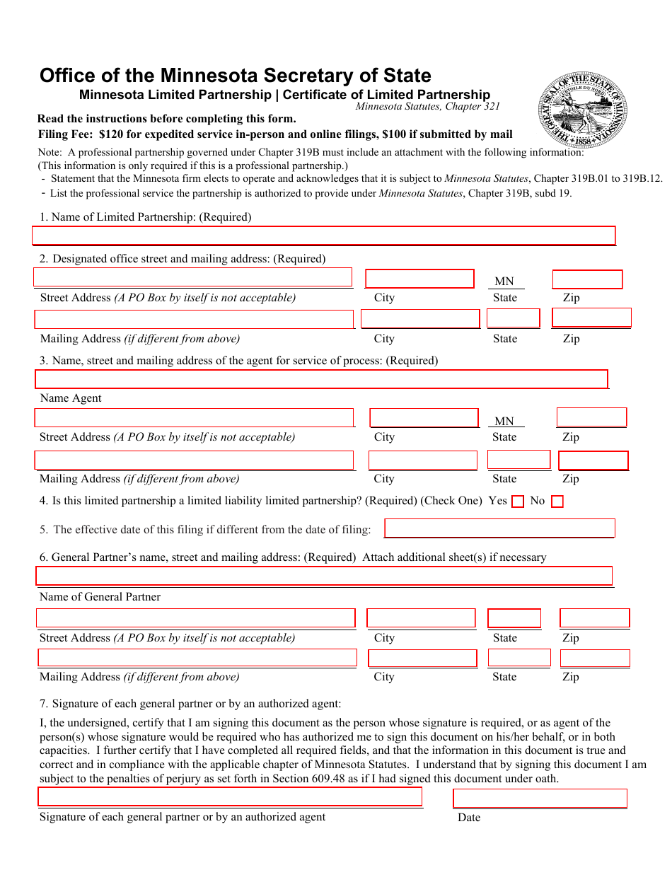Certificate of Limited Partnership Form - Minnesota, Page 1