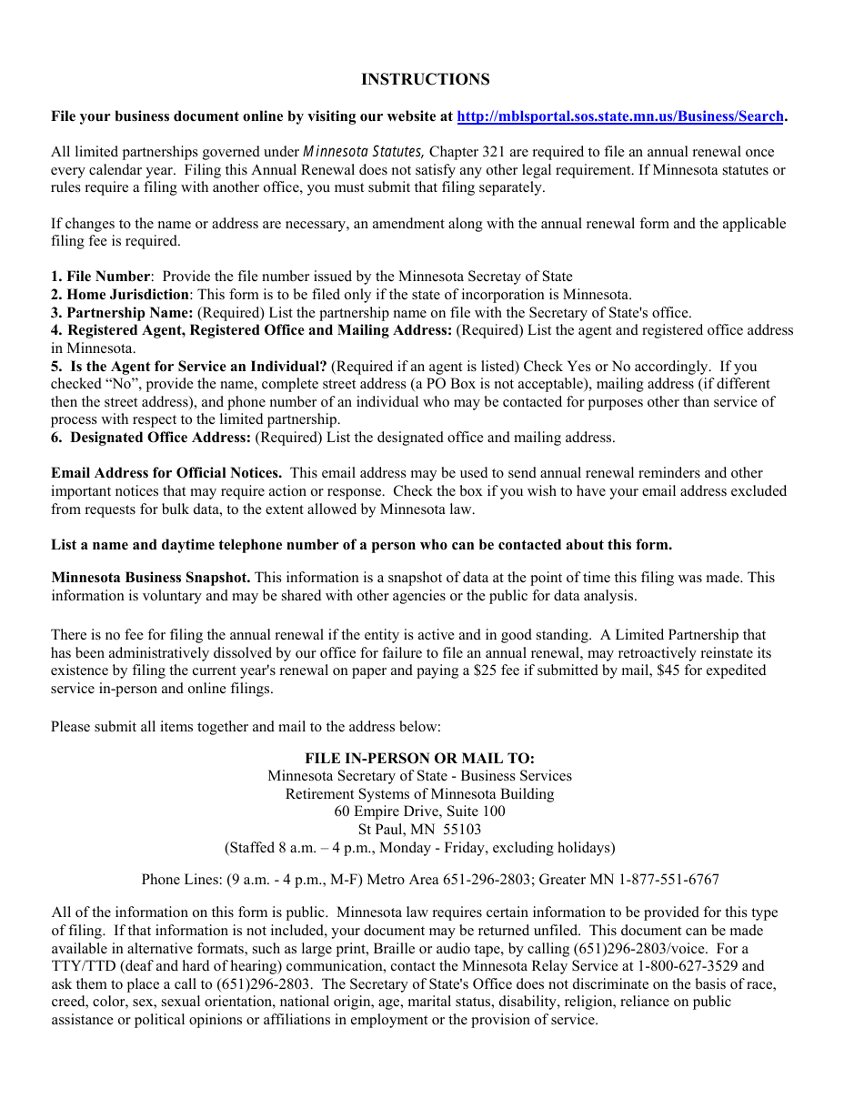 Limited Partnership Annual Renewal Form - Minnesota, Page 4
