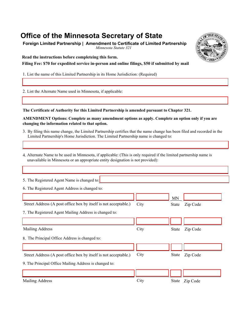 Amendment to Certificate of Limited Partnership Form - Minnesota, Page 1