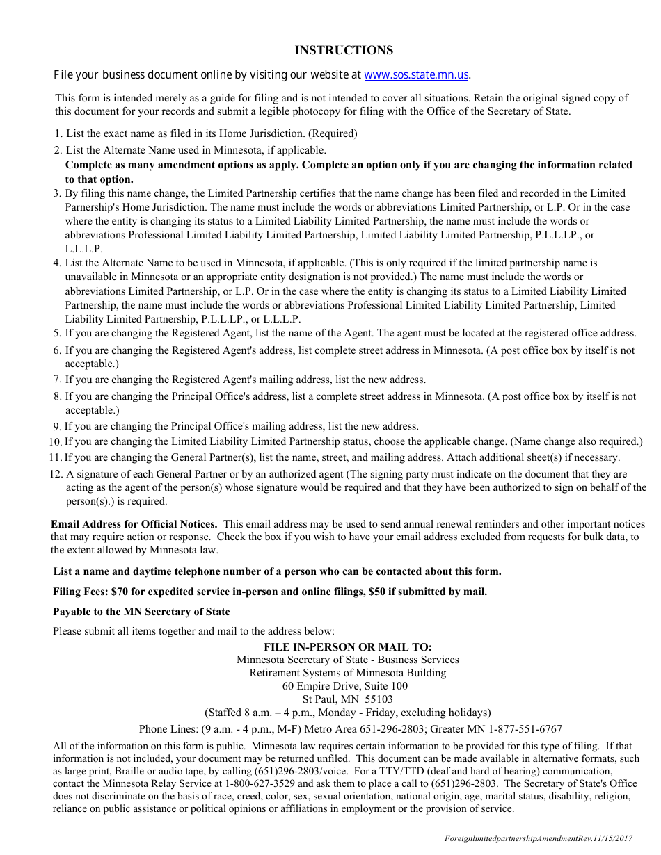 Amendment to Certificate of Limited Partnership Form - Minnesota, Page 3