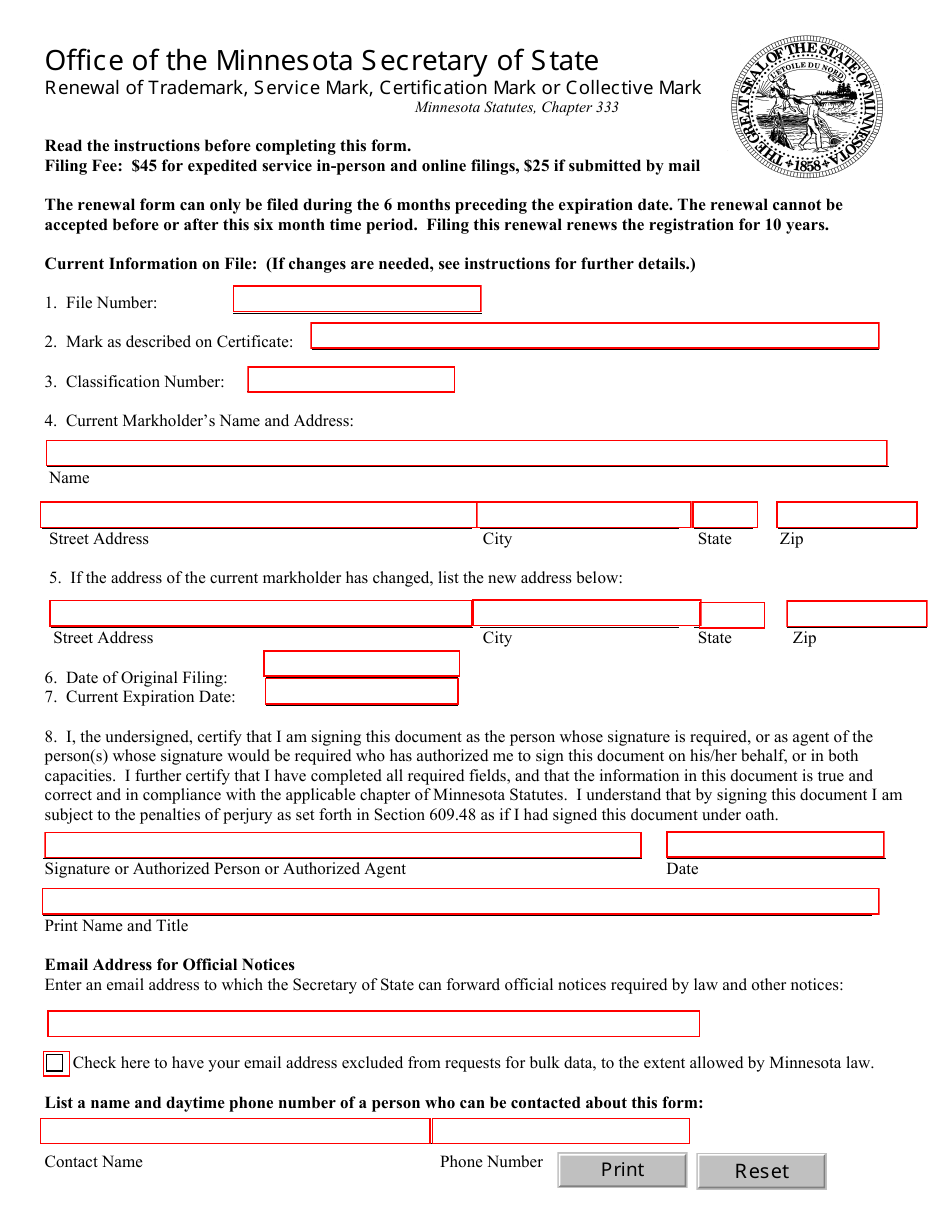Renewal of Trademark, Service Mark, Certification Mark or Collective Mark Form - Minnesota, Page 1