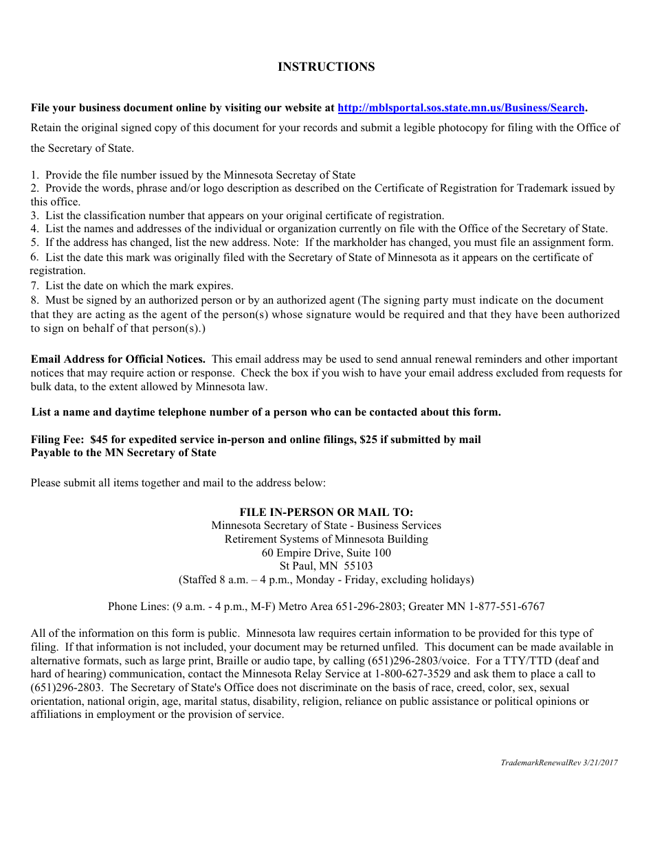 Renewal of Trademark, Service Mark, Certification Mark or Collective Mark Form - Minnesota, Page 2