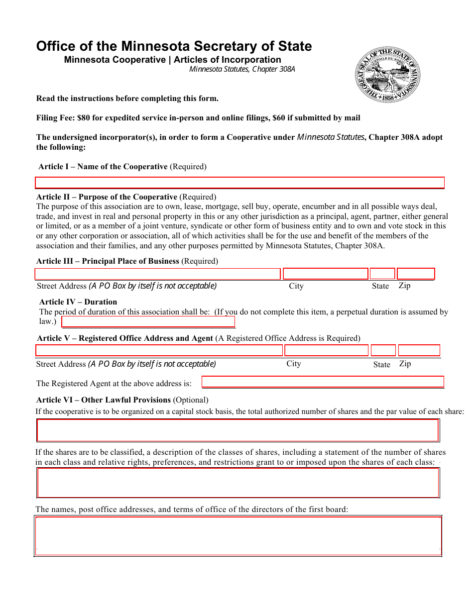 Minnesota Cooperative Articles of Incorporation Form - Minnesota, Page 1