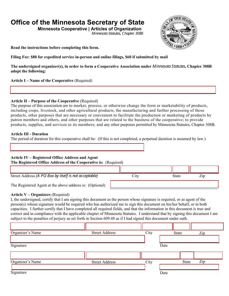 Minnesota Minnesota Cooperative Articles Of Organization Form - Fill 