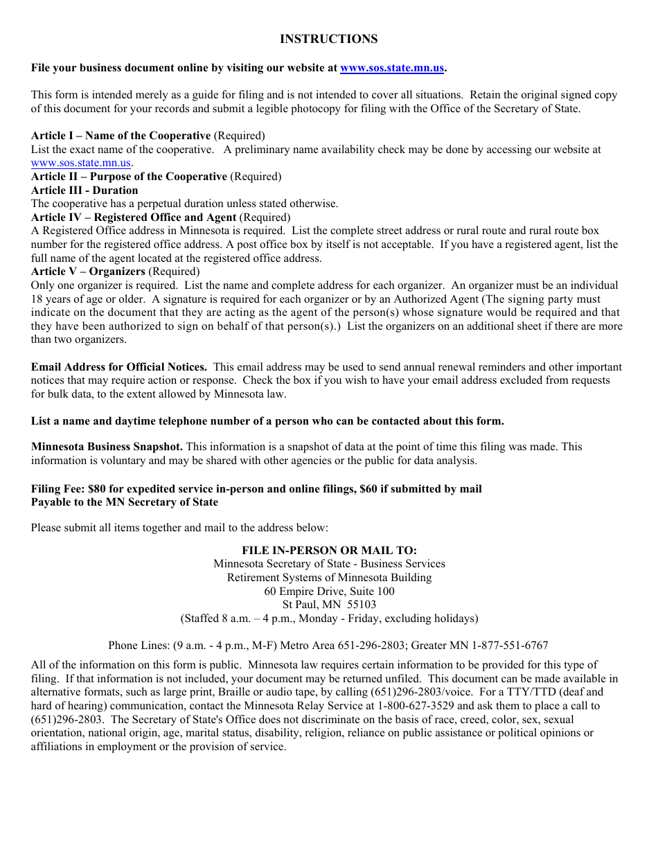 Minnesota Cooperative Articles of Organization Form - Minnesota, Page 4