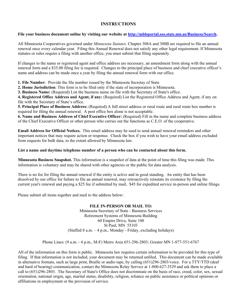 Minnesota Cooperative Annual Renewal Form - Minnesota, Page 3