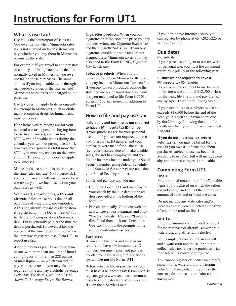 Form UT1 Individual Use Tax Return - Minnesota, Page 2
