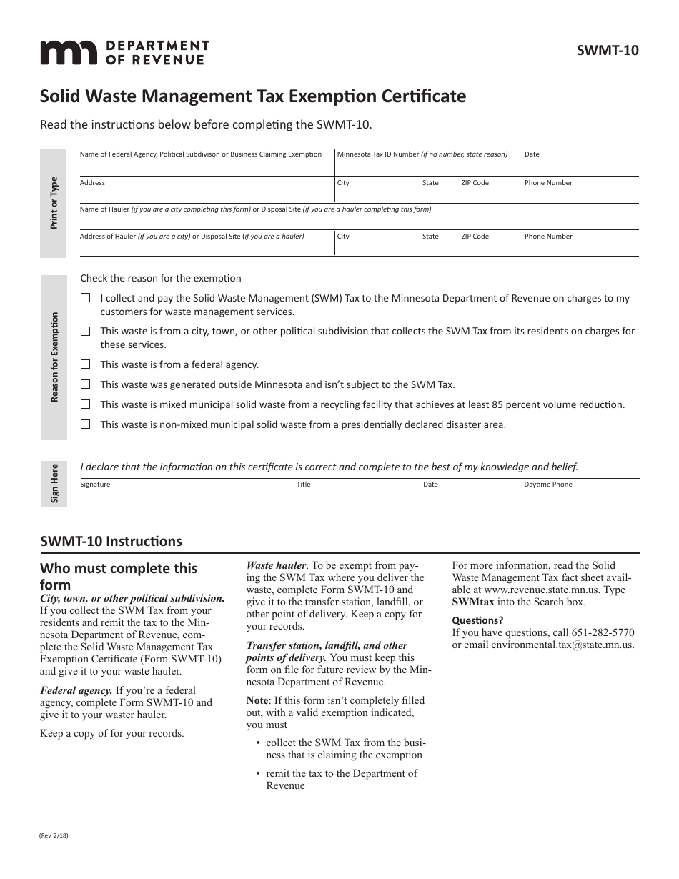 Form SWMT-10 Solid Waste Management Tax Exemption Certificate - Minnesota, Page 1