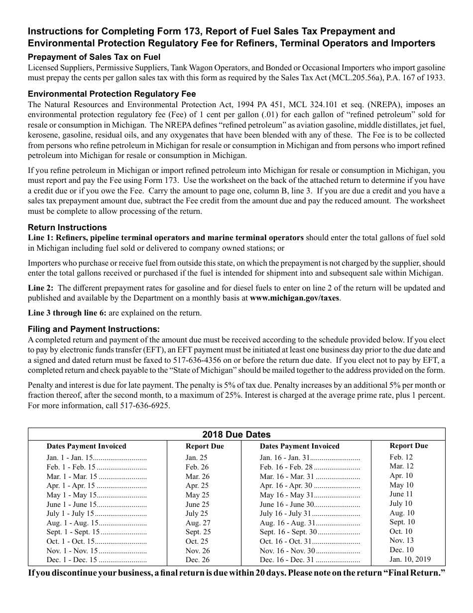 Form 173 Report of Fuel Sales Tax Prepayment and Environmental Protection Regulatory Fee for Refiners, Terminal Operators and Importers - Michigan, Page 1
