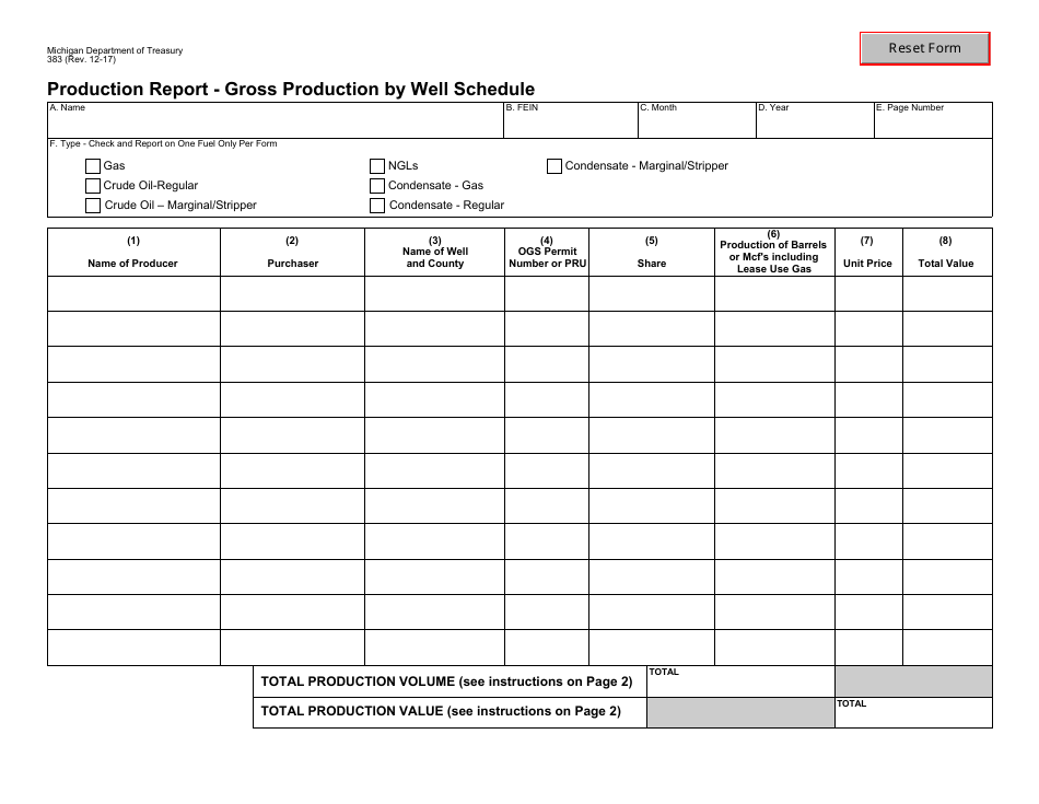 Form 383 Production Report - Gross Production by Well Schedule - Michigan, Page 1