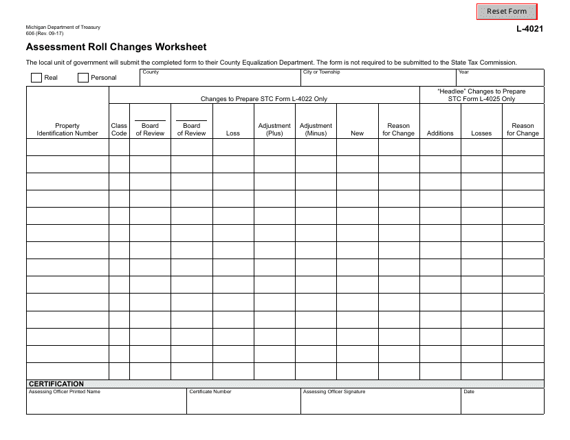Form 606 Assessment Roll Changes Worksheet - Michigan