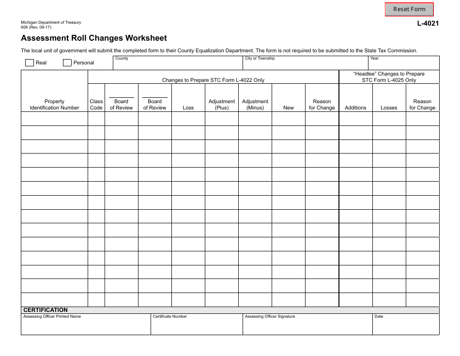 Form 606 Assessment Roll Changes Worksheet - Michigan, Page 1