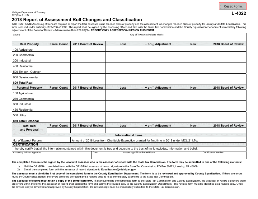 Form 607 Report of Assessment Roll Changes and Classification - Michigan, 2018