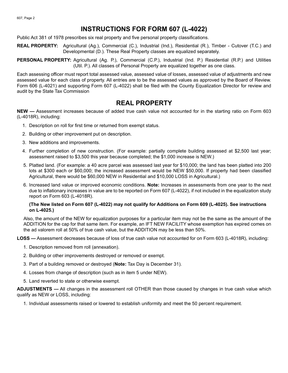 Form 607 Report of Assessment Roll Changes and Classification - Michigan, Page 2