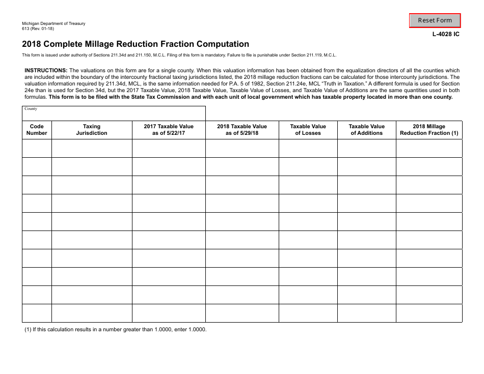 Form 613 Complete Millage Reduction Fraction Computation - Michigan, Page 1