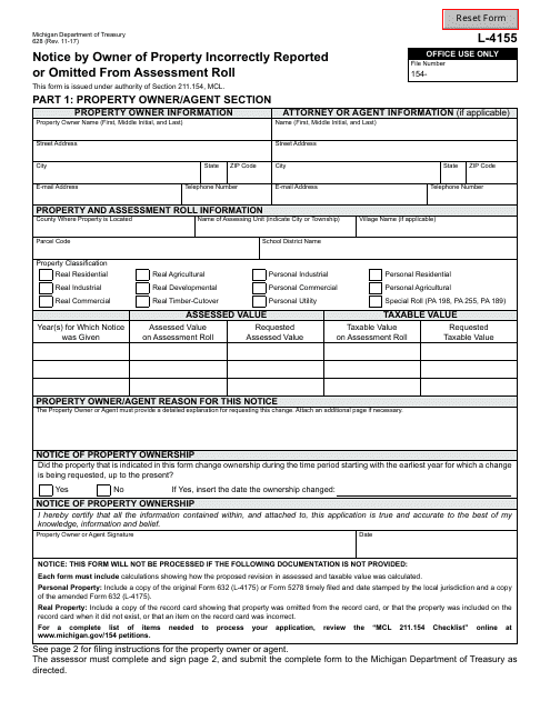 Form 628 Notice by Owner of Property Incorrectly Reported or Omitted From Assessment Roll - Michigan