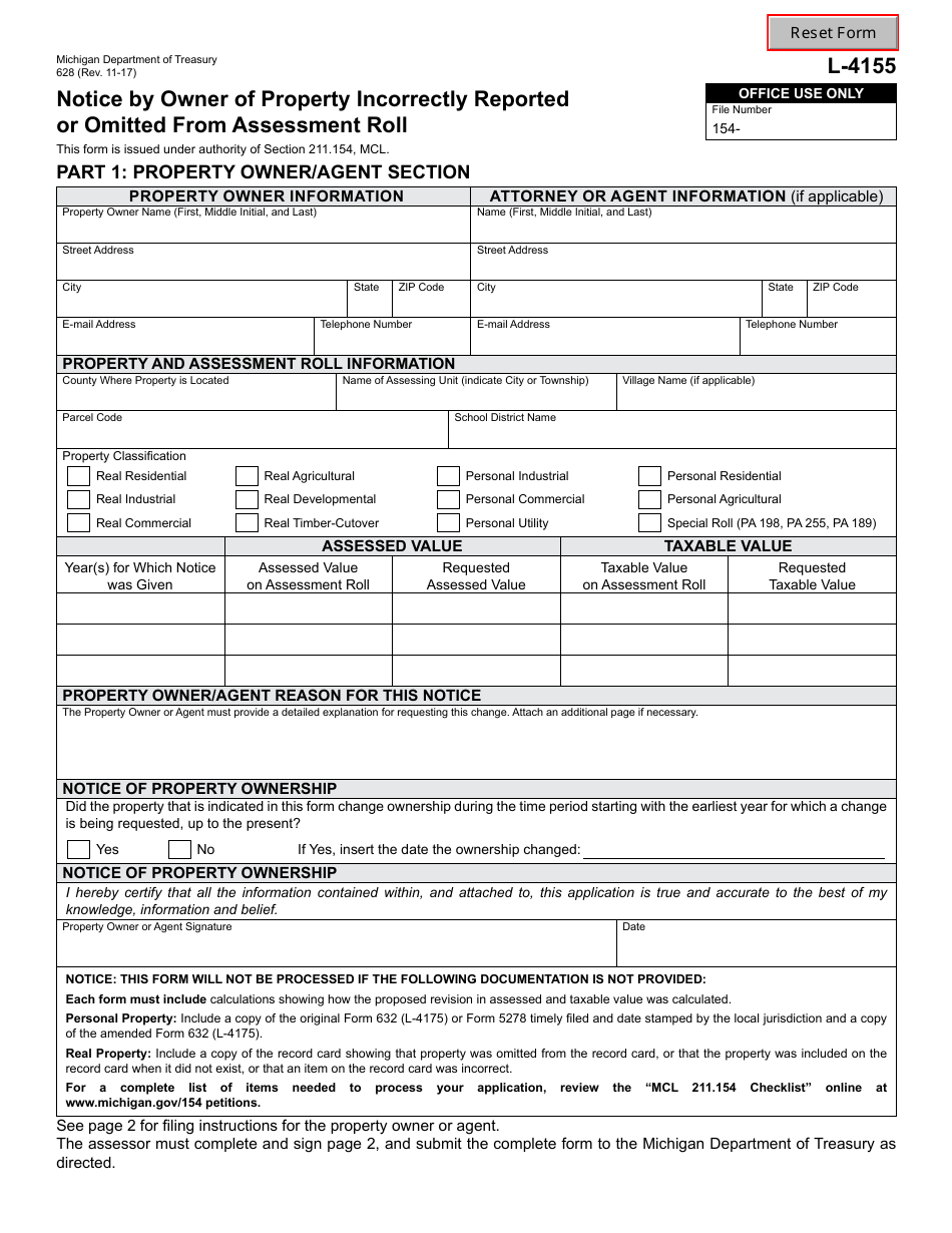 Form 628 Notice by Owner of Property Incorrectly Reported or Omitted From Assessment Roll - Michigan, Page 1
