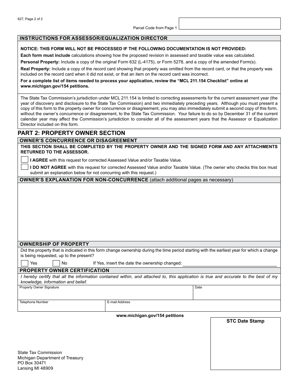 Form 627 Assessor or Equalization Directors Notice of Property Incorrectly Reported or Omitted From Assessment Roll - Michigan, Page 2