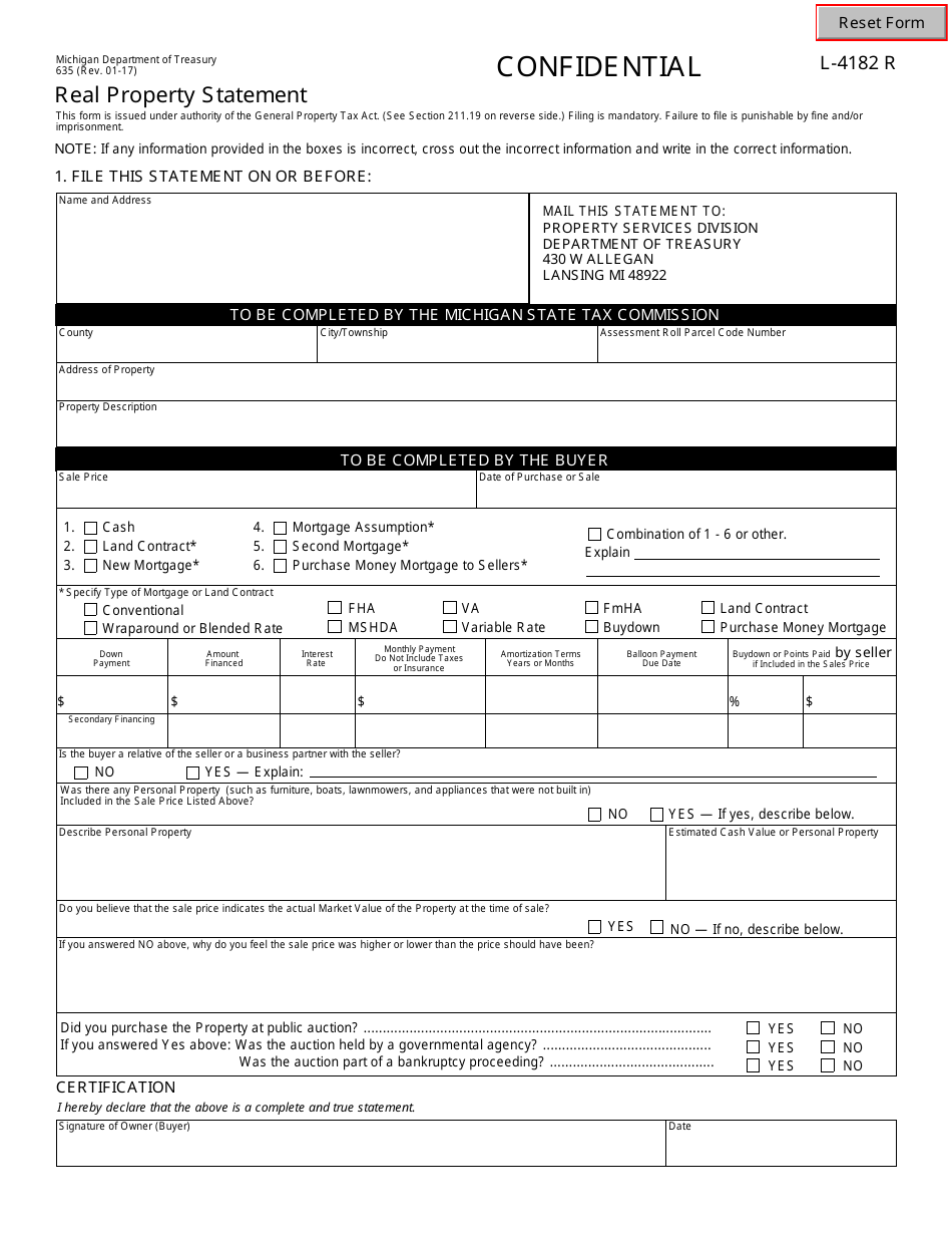 Form 635 Real Property Statement - Michigan, Page 1