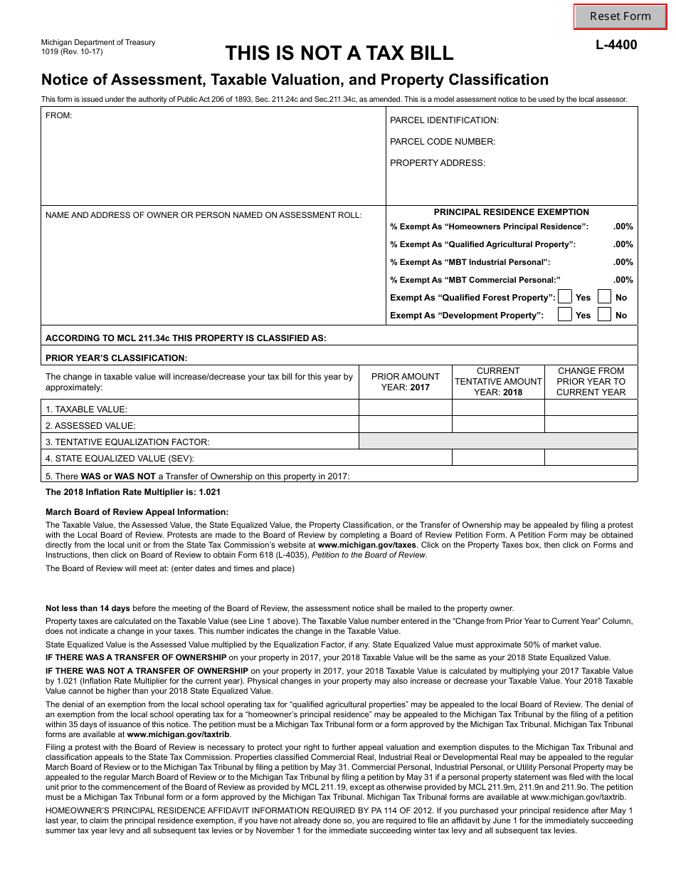 Form 1019 Notice of Assessment, Taxable Valuation, and Property Classification - Michigan, Page 1