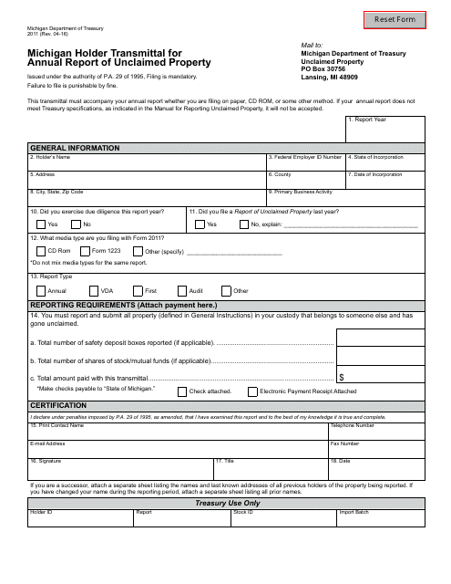 Form 2011 Michigan Holder Transmittal for Annual Report of Unclaimed Property - Michigan