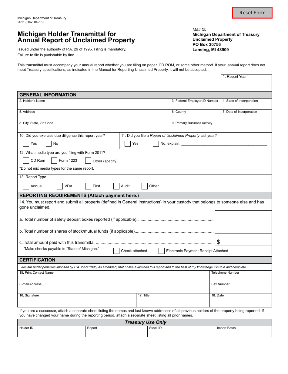 Form 2011 Michigan Holder Transmittal for Annual Report of Unclaimed Property - Michigan, Page 1