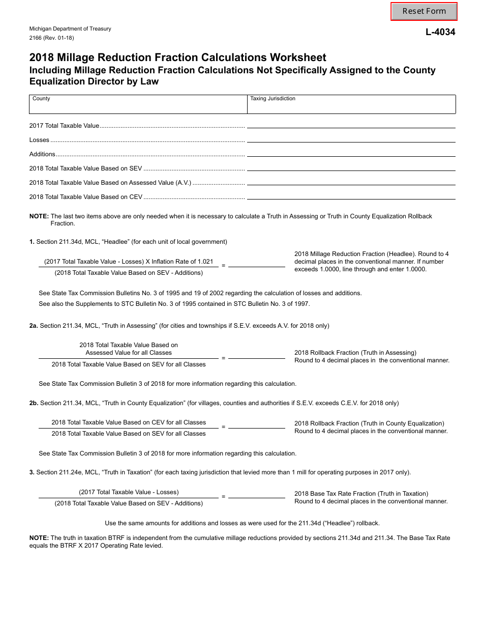 Form 2166 Millage Reduction Fraction Calculations Worksheet - Michigan, Page 1